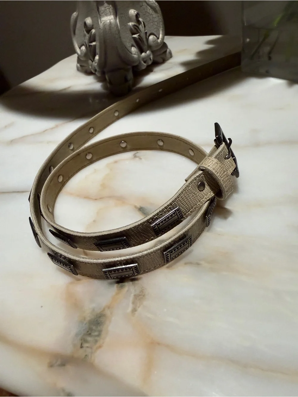 Vintage Cream Faux Lizard Western Concho Belt Silver Tone Buckle 36”